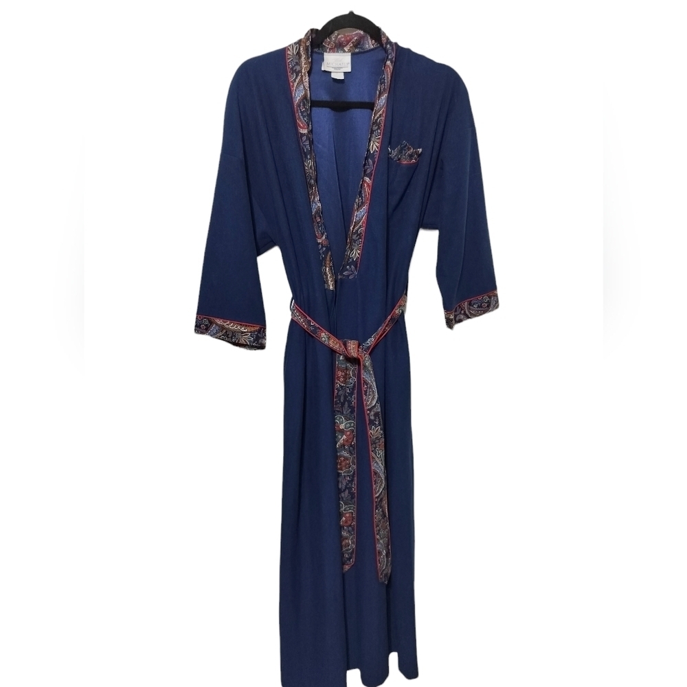 2482)Vintage Beth Michaels Navy with Paisley Trim Belted Long Robe Size Medium